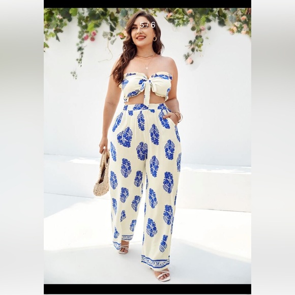 SheIn Curve leaf print, tie top with flowy pants, 3X - Picture 1 of 12